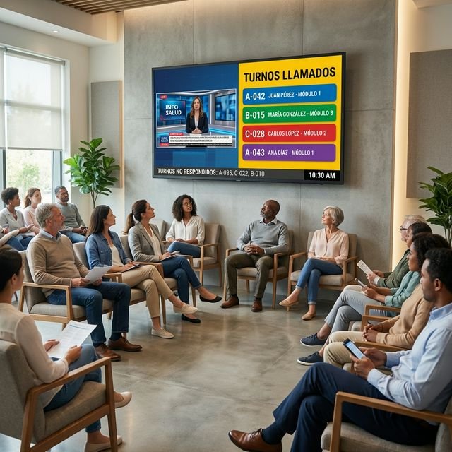 Display informativo con contenido visual y turnos en sala de espera